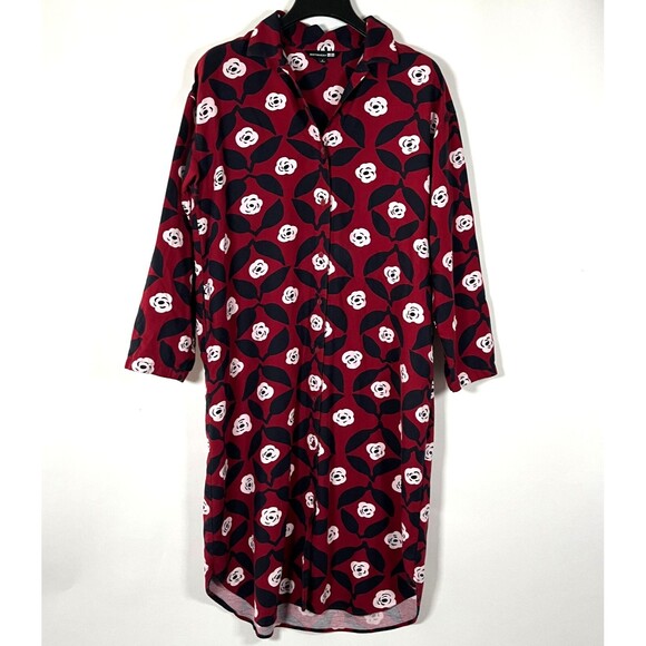 Marimekko x Uniqlo Midi Shirt Dress Floral Long Sleeve Flannel Red Small Pockets - Picture 1 of 10